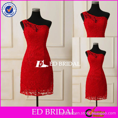Latest Fashion Red Lace Overlay One Shoulder Knee Length Real Sample Cocktail Dress XL371
